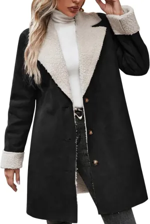 chouyatou Women's Winter Sherpa Lined Faux Suede Leather Jacket Oversized Notch Lapel Mid Long Overcoat