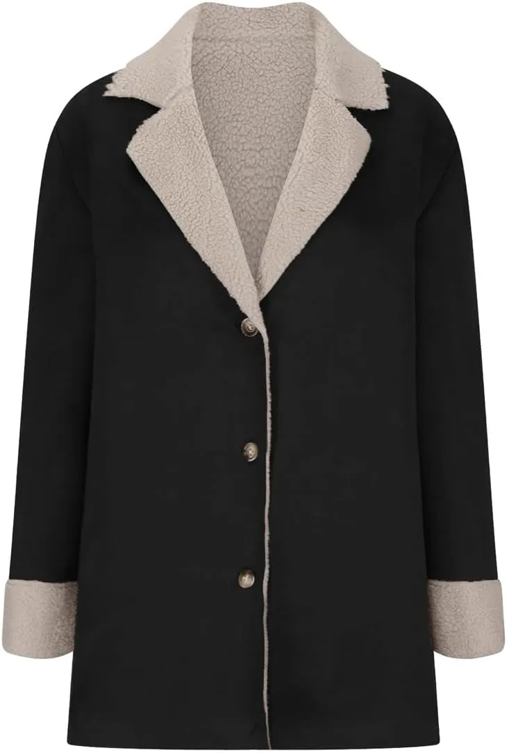 chouyatou Women's Winter Sherpa Lined Faux Suede Leather Jacket Oversized Notch Lapel Mid Long Overcoat