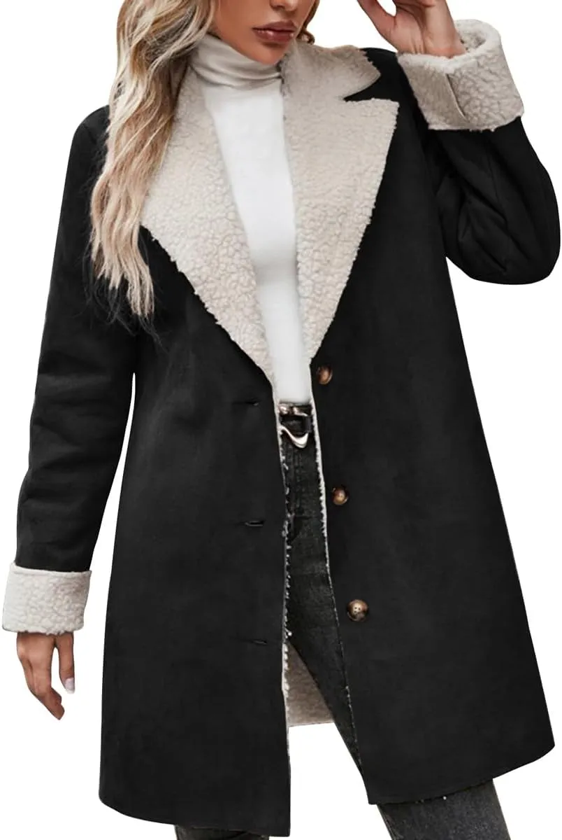 chouyatou Women's Winter Sherpa Lined Faux Suede Leather Jacket Oversized Notch Lapel Mid Long Overcoat