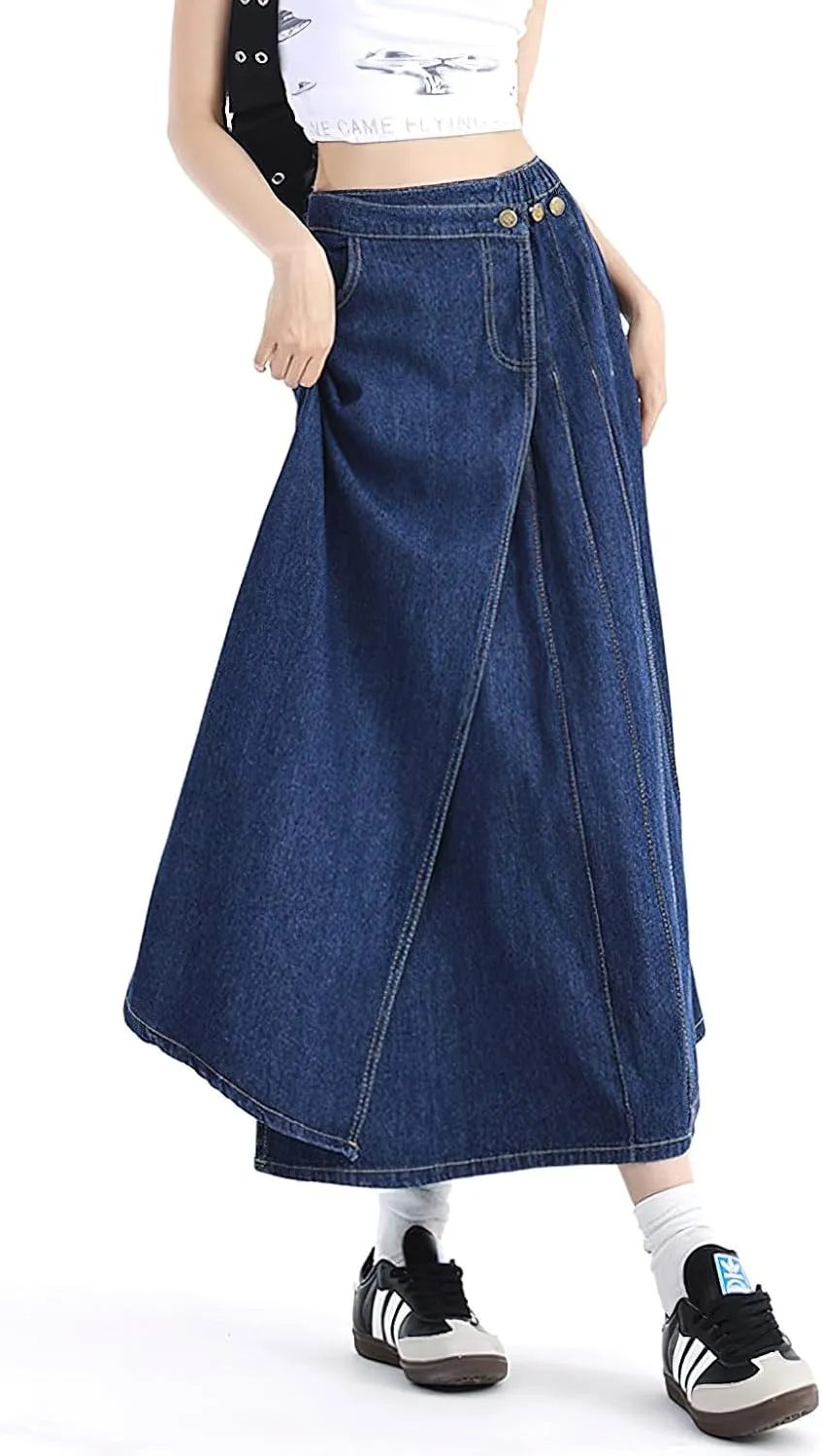 chouyatou Women's Y2k Irregular Denim Skirt High Elastic Waist Pleated A-Line Midi Long Jean Skirt