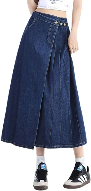 chouyatou Women's Y2k Irregular Denim Skirt High Elastic Waist Pleated A-Line Midi Long Jean Skirt