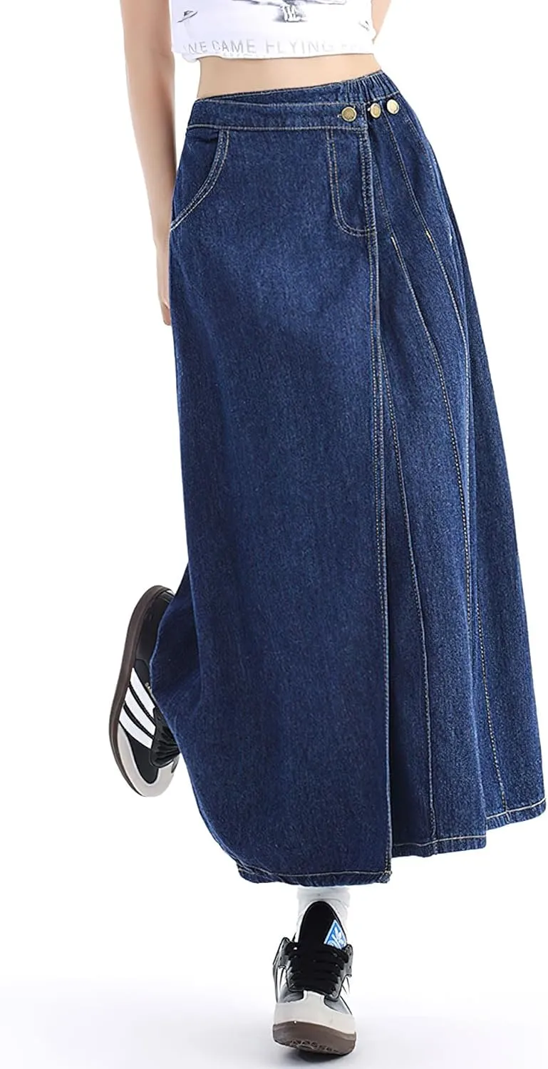 chouyatou Women's Y2k Irregular Denim Skirt High Elastic Waist Pleated A-Line Midi Long Jean Skirt
