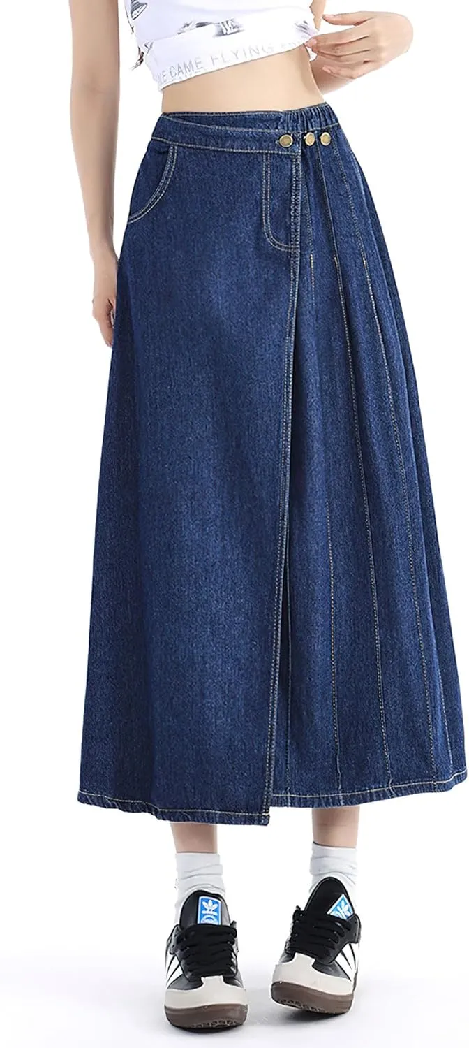 chouyatou Women's Y2k Irregular Denim Skirt High Elastic Waist Pleated A-Line Midi Long Jean Skirt