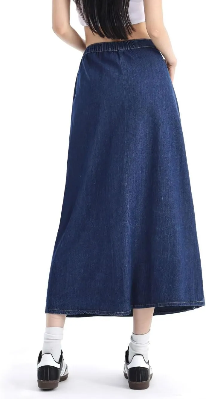chouyatou Women's Y2k Irregular Denim Skirt High Elastic Waist Pleated A-Line Midi Long Jean Skirt