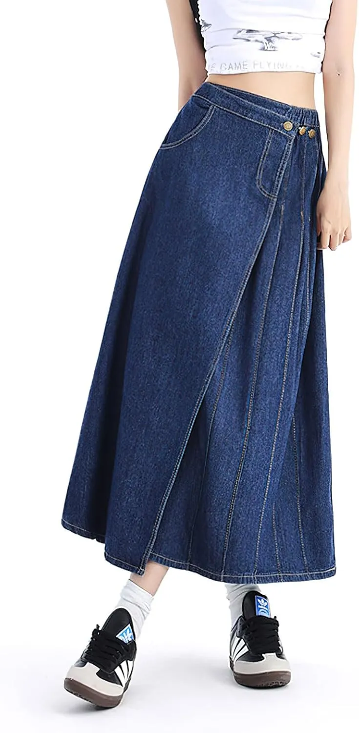 chouyatou Women's Y2k Irregular Denim Skirt High Elastic Waist Pleated A-Line Midi Long Jean Skirt