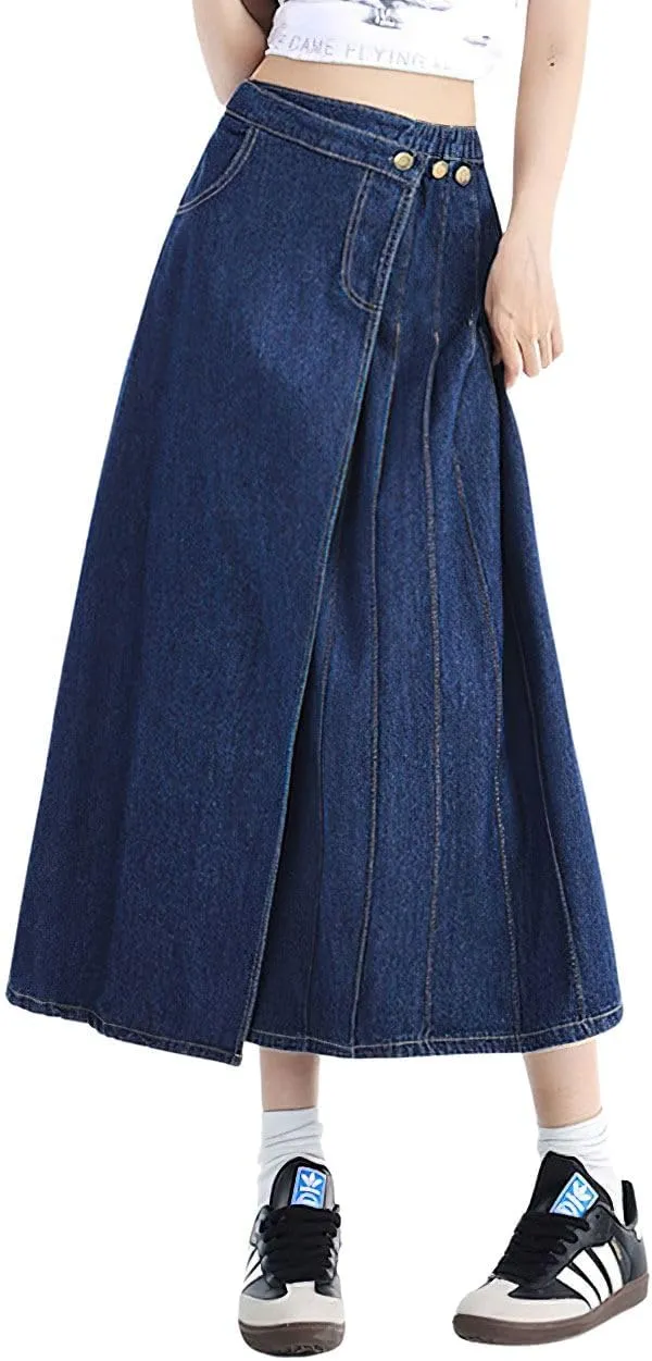 chouyatou Women's Y2k Irregular Denim Skirt High Elastic Waist Pleated A-Line Midi Long Jean Skirt