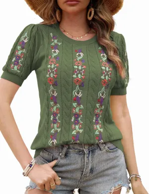 CiCiBird Womens Short Sleeve Sweater Cute Embroidered Pullover Casual Cable Knit Summer Tops