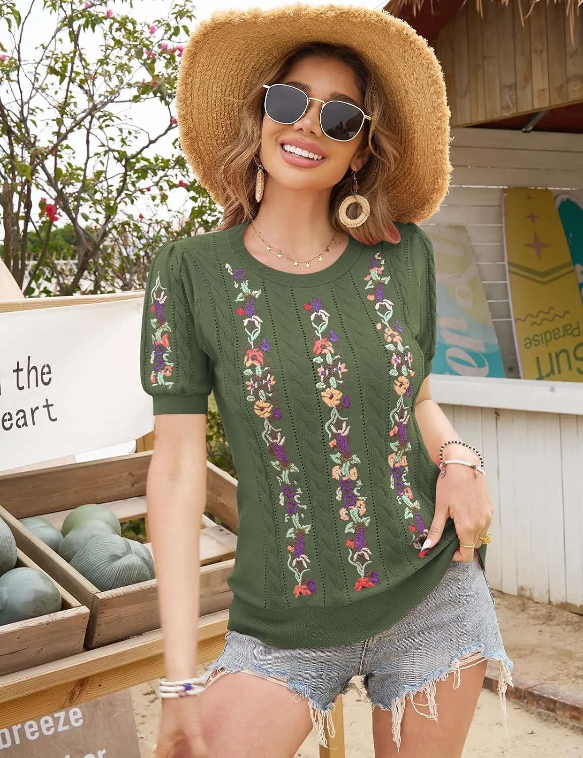 CiCiBird Womens Short Sleeve Sweater Cute Embroidered Pullover Casual Cable Knit Summer Tops