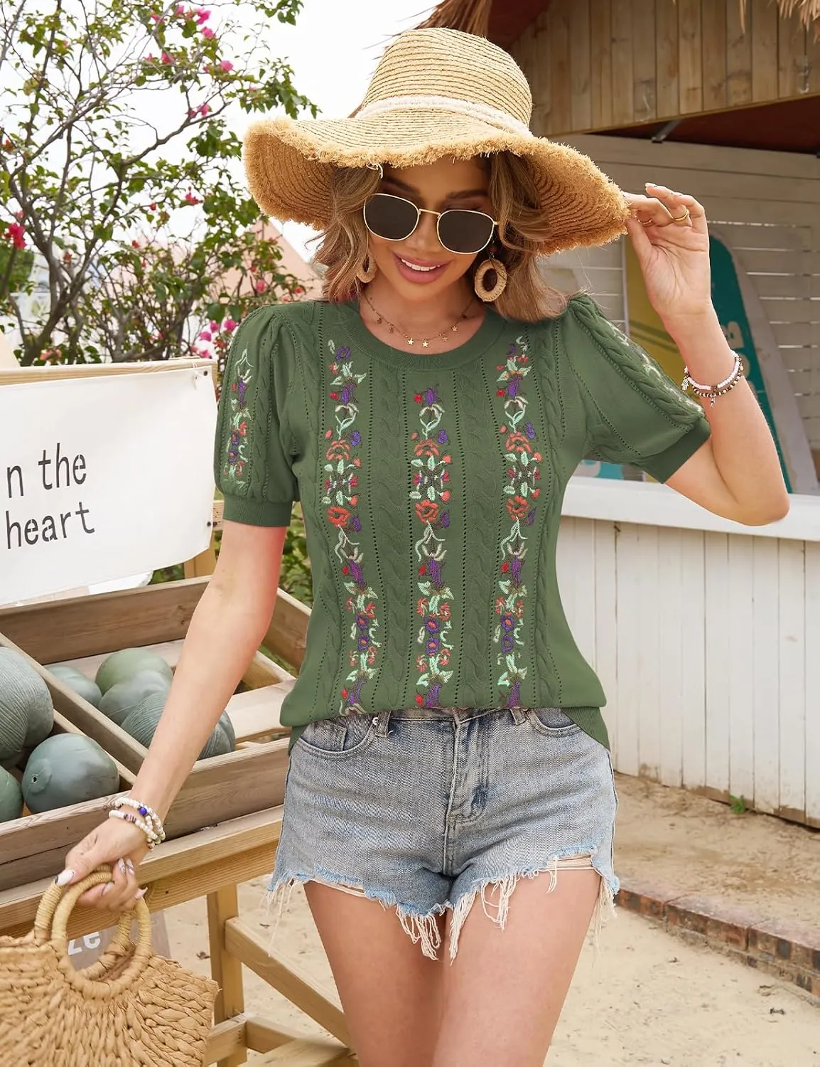 CiCiBird Womens Short Sleeve Sweater Cute Embroidered Pullover Casual Cable Knit Summer Tops