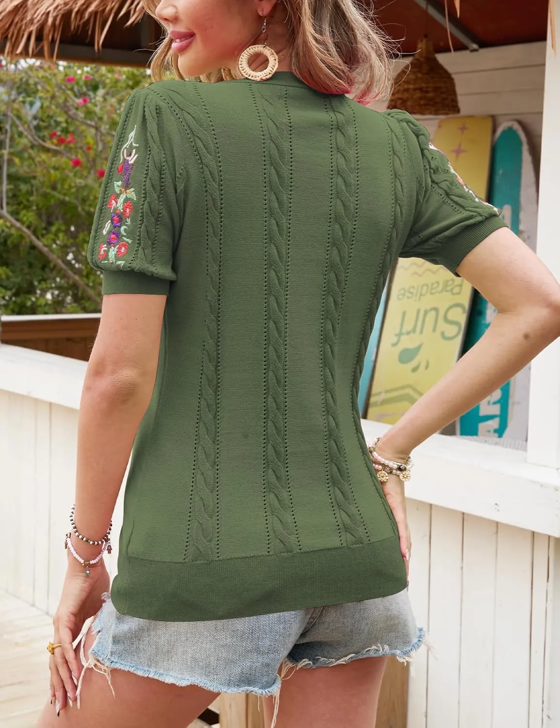CiCiBird Womens Short Sleeve Sweater Cute Embroidered Pullover Casual Cable Knit Summer Tops