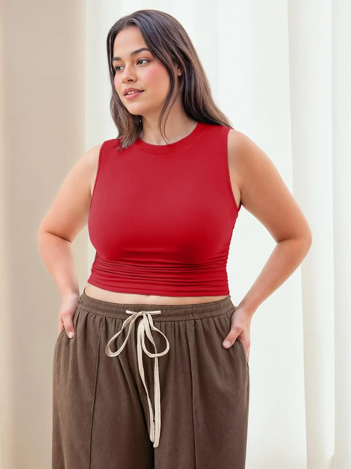CIDER Plus Size Tops for Women Sleeveless Ruched Crew Neck Crop Tank Top Summer Casual Outfits