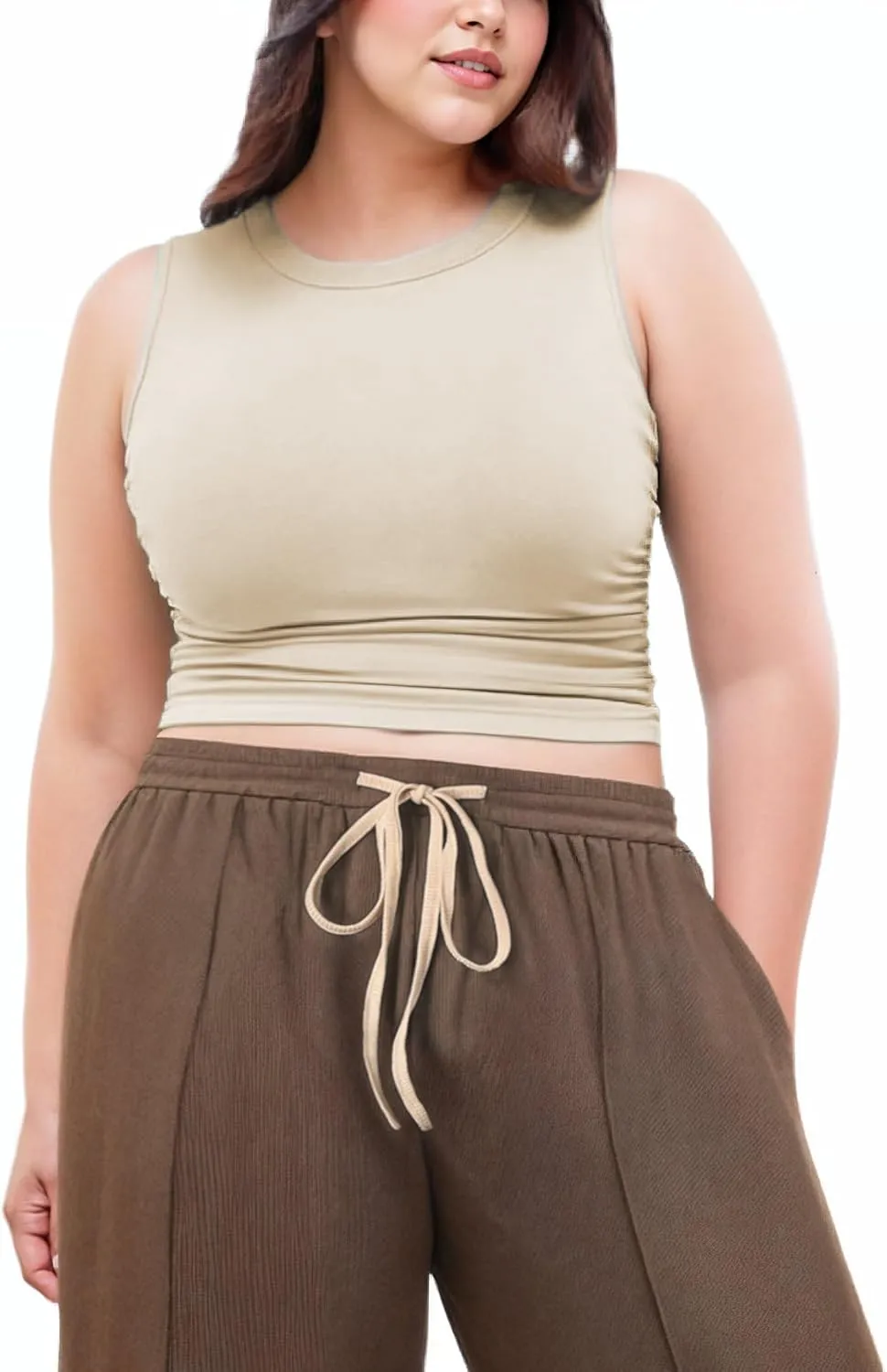CIDER Plus Size Tops for Women Sleeveless Ruched Crew Neck Crop Tank Top Summer Casual Outfits
