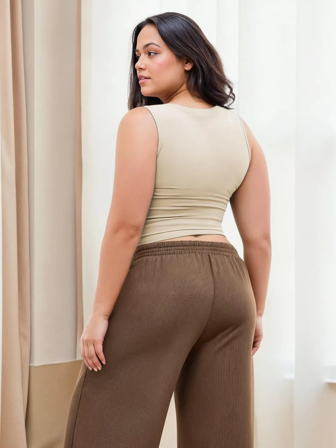 CIDER Plus Size Tops for Women Sleeveless Ruched Crew Neck Crop Tank Top Summer Casual Outfits