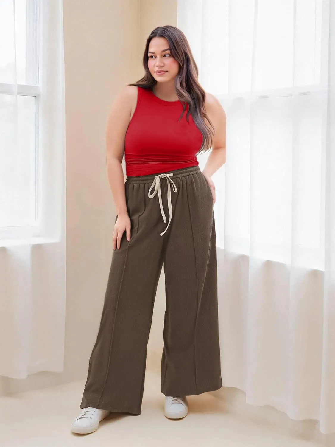 CIDER Plus Size Tops for Women Sleeveless Ruched Crew Neck Crop Tank Top Summer Casual Outfits