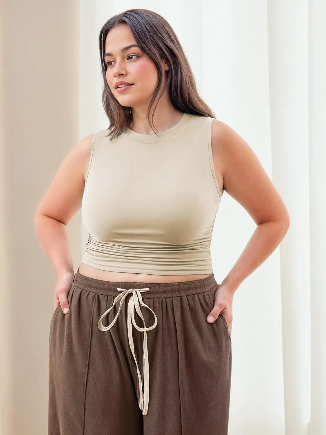 CIDER Plus Size Tops for Women Sleeveless Ruched Crew Neck Crop Tank Top Summer Casual Outfits