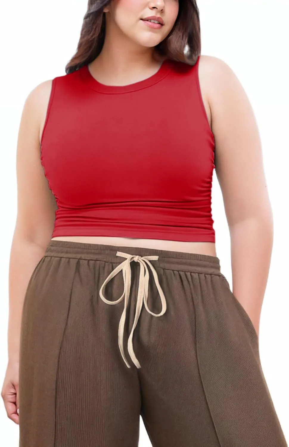 CIDER Plus Size Tops for Women Sleeveless Ruched Crew Neck Crop Tank Top Summer Casual Outfits