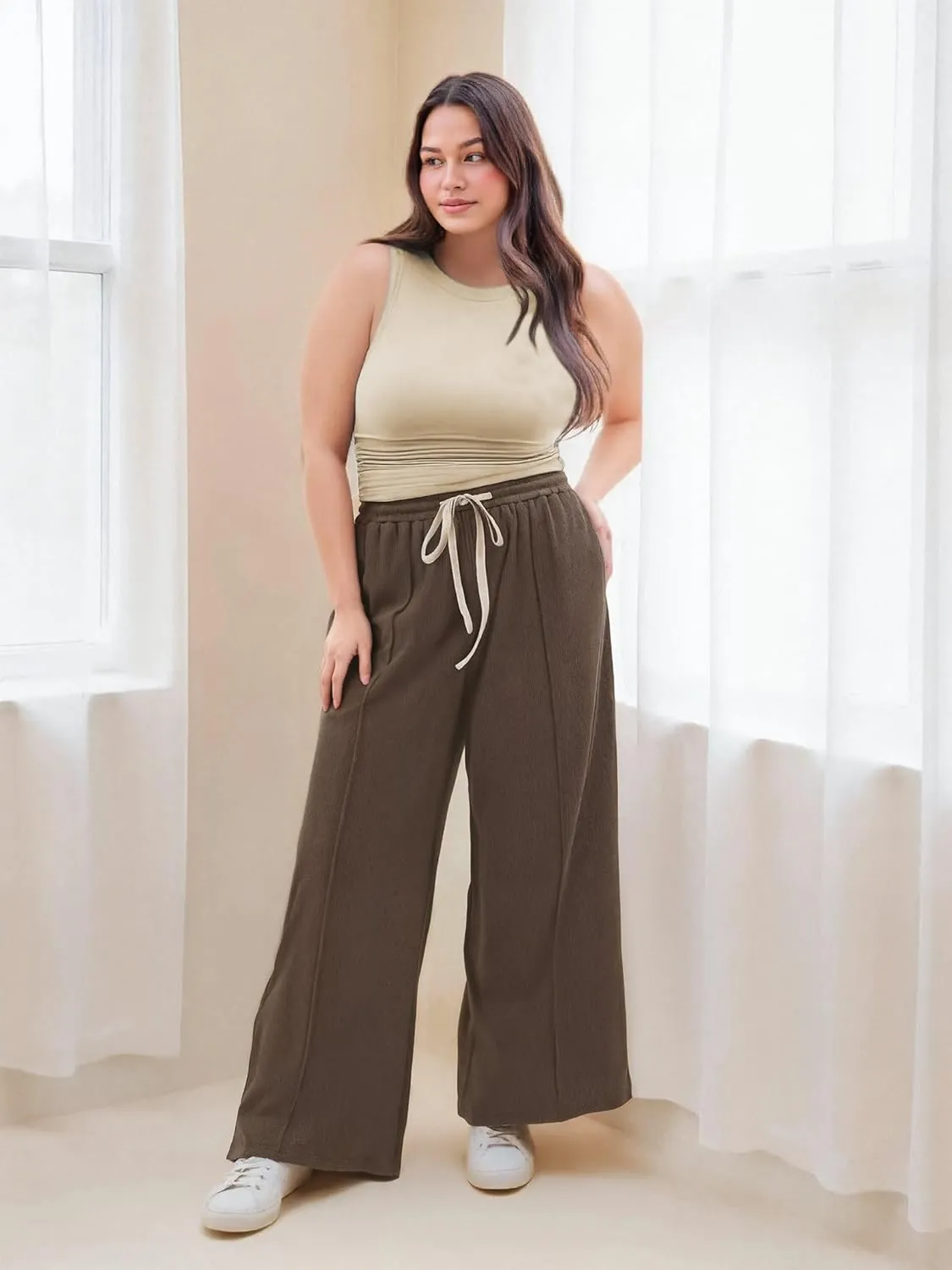 CIDER Plus Size Tops for Women Sleeveless Ruched Crew Neck Crop Tank Top Summer Casual Outfits