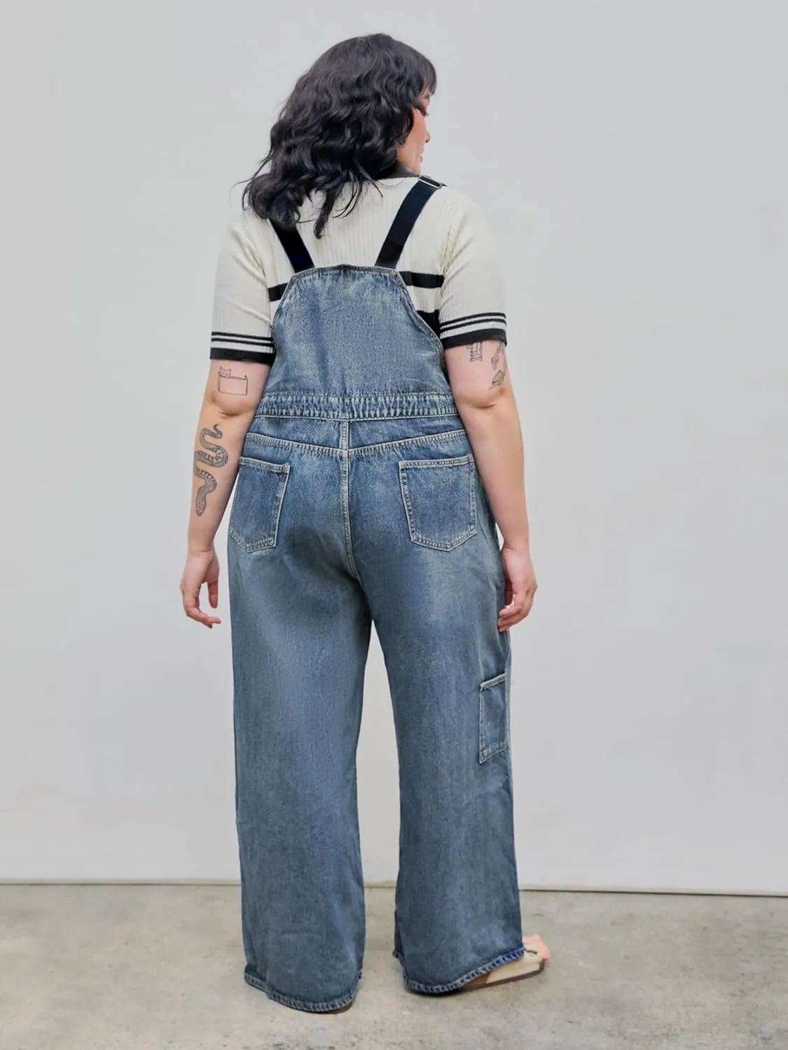 CIDER Womens Plus Size Denim Overall Bib Wide Leg Adjustable Strap Jean Jumpsuits with Pockets