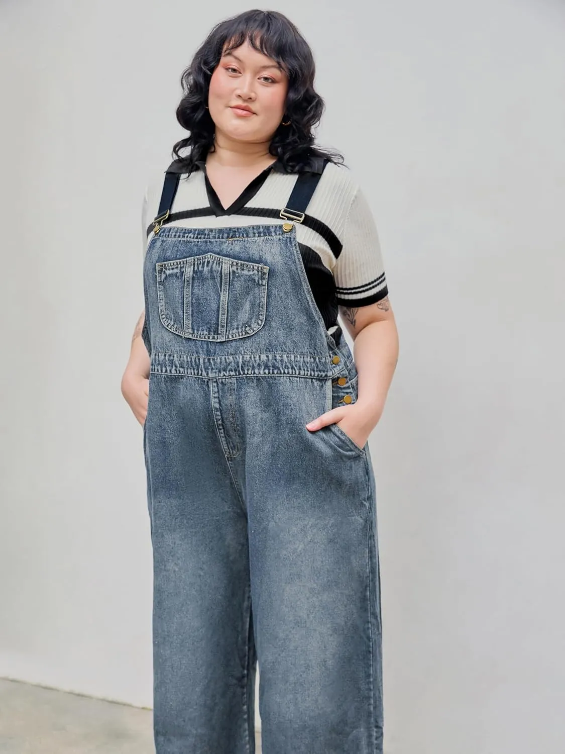 CIDER Womens Plus Size Denim Overall Bib Wide Leg Adjustable Strap Jean Jumpsuits with Pockets