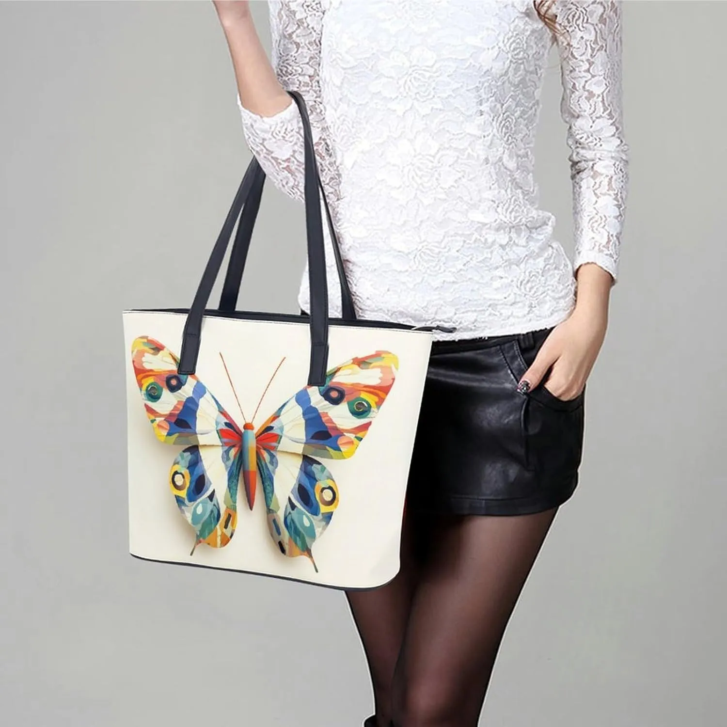 Colorful Butterfly Women Soft Leather Handbags Tote Purses Shoulder Bucket Bags
