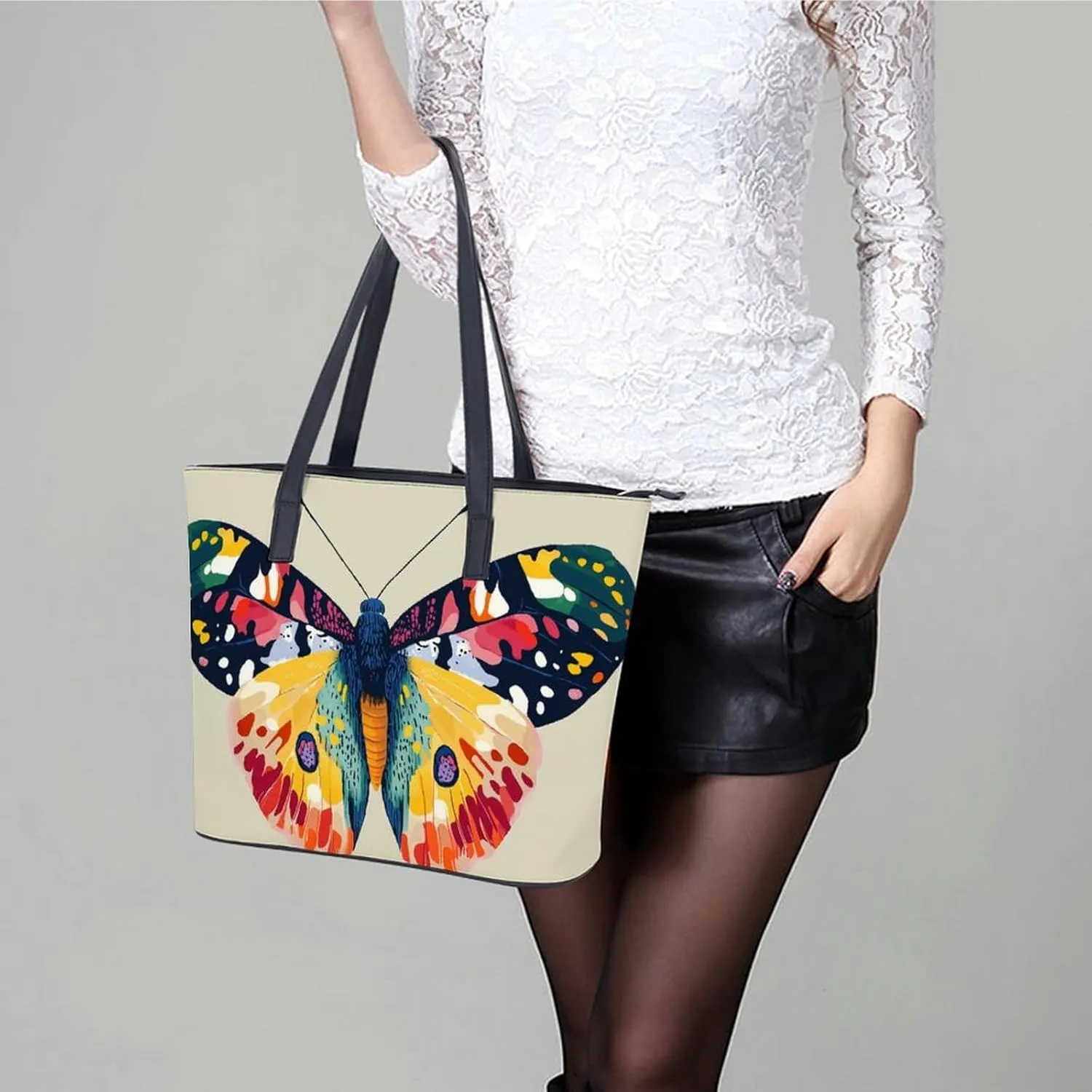 Colorful Butterfly Women Soft Leather Handbags Tote Purses Shoulder Bucket Bags