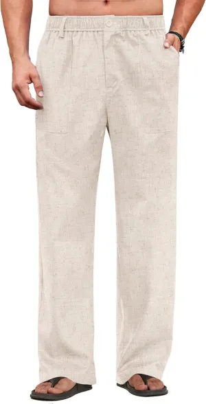 COOFANDY Men's Cotton Linen Yoga Pants Lightweight Straight Leg Pants Casual Vacation Beach Wedding Dress Trousers