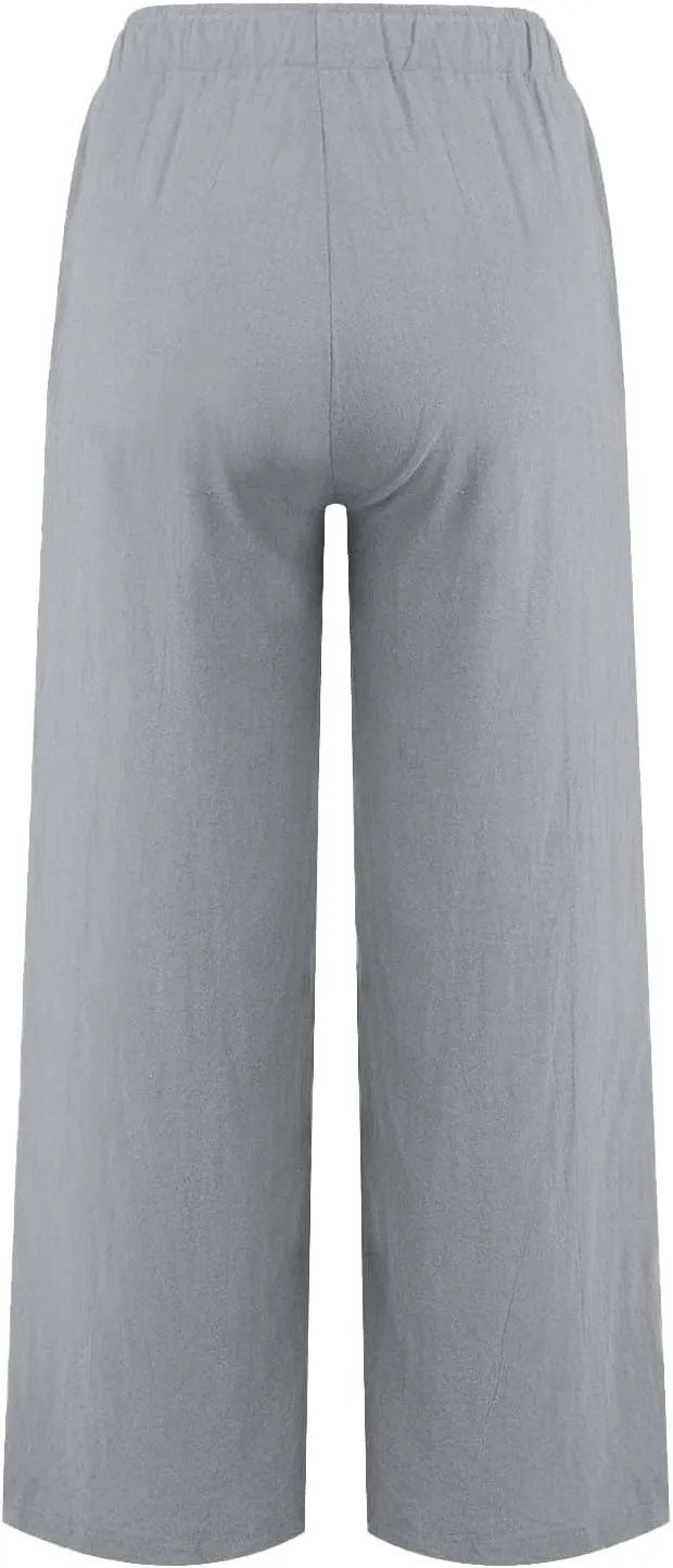 Cotton Linen Capri Pants for Women Flowy Wide Leg Summer High Waisted, Black Cargo Pants Women Golf Trousers