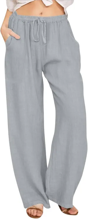 Cotton Linen Capri Pants for Women Flowy Wide Leg Summer High Waisted, Black Cargo Pants Women Golf Trousers