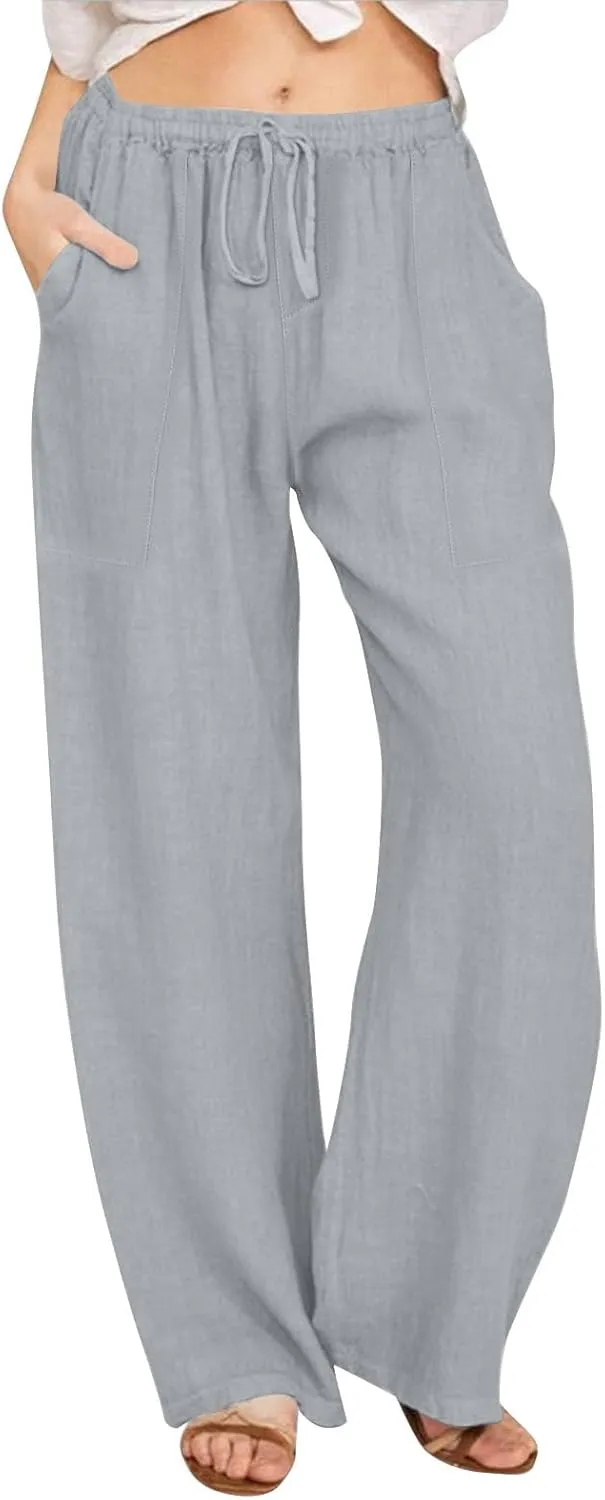Cotton Linen Capri Pants for Women Flowy Wide Leg Summer High Waisted, Black Cargo Pants Women Golf Trousers