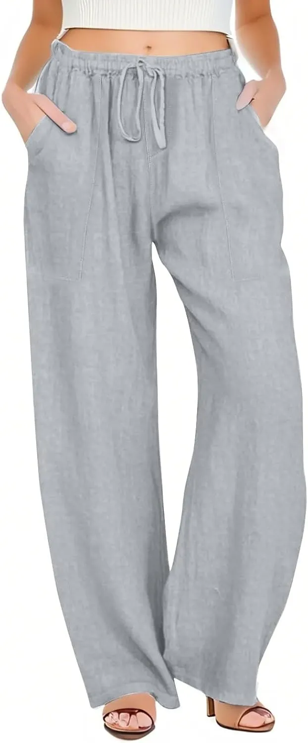 Cotton Linen Capri Pants for Women Flowy Wide Leg Summer High Waisted, Black Cargo Pants Women Golf Trousers