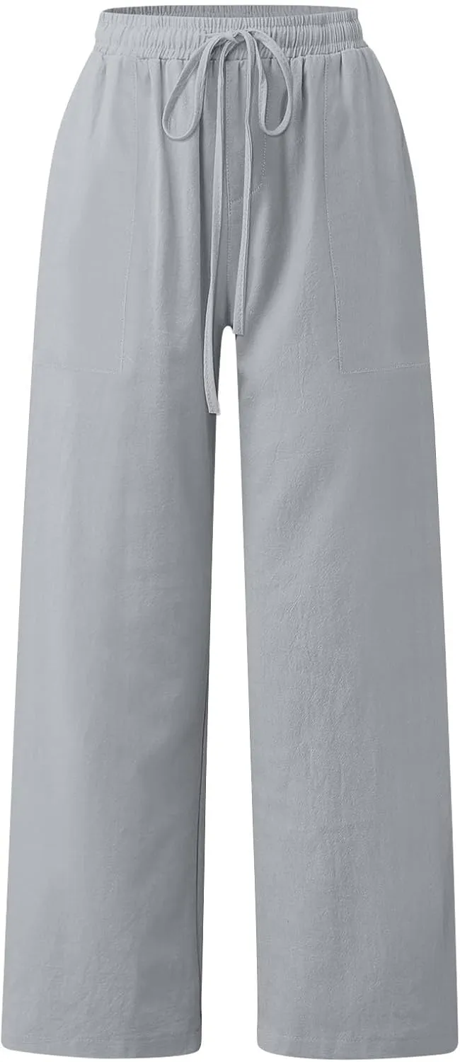 Cotton Linen Capri Pants for Women Flowy Wide Leg Summer High Waisted, Black Cargo Pants Women Golf Trousers