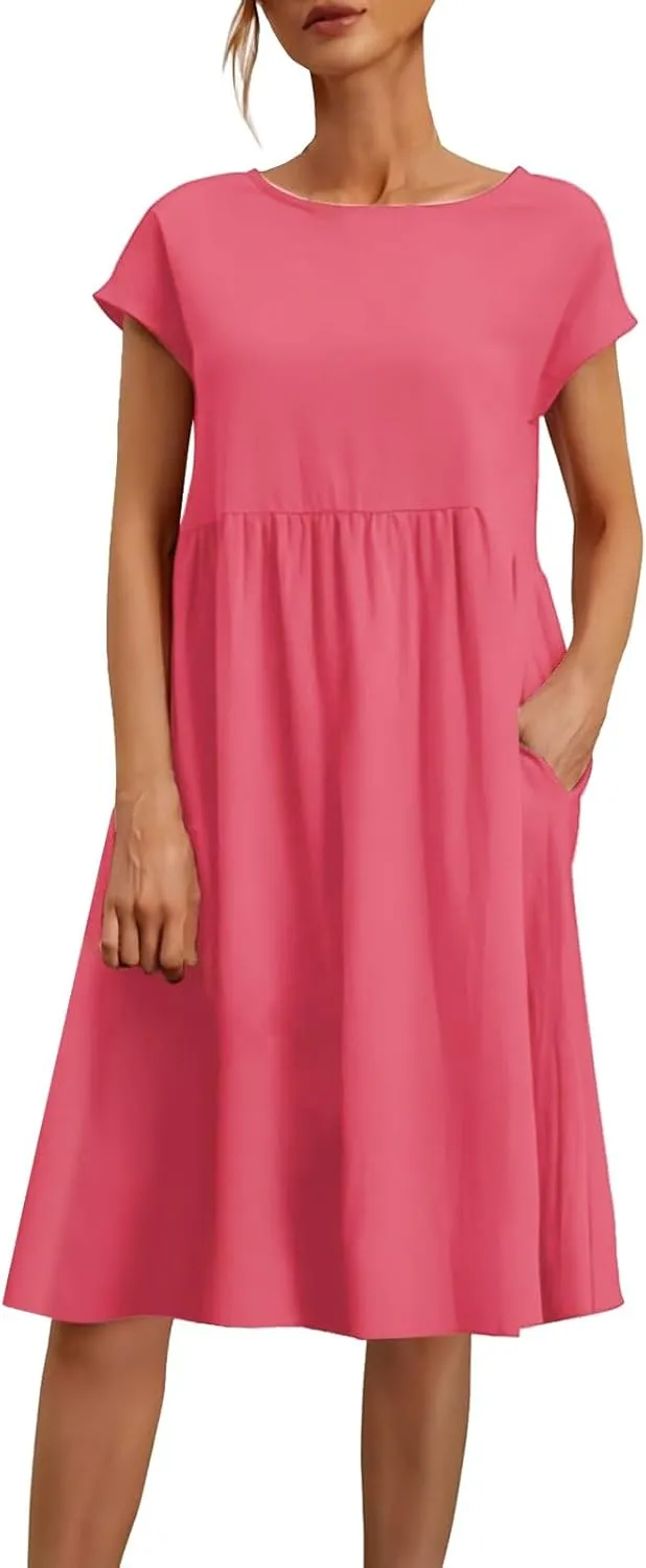 Cotton Linen Dresses for Women 2025 Summer Crewneck Short Sleeve Boho Maxi Dress Casual Loose Beach Dresses with Pockets