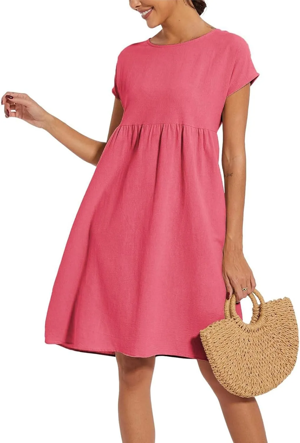 Cotton Linen Dresses for Women 2025 Summer Crewneck Short Sleeve Boho Maxi Dress Casual Loose Beach Dresses with Pockets