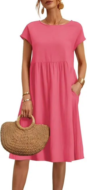 Cotton Linen Dresses for Women 2025 Summer Crewneck Short Sleeve Boho Maxi Dress Casual Loose Beach Dresses with Pockets