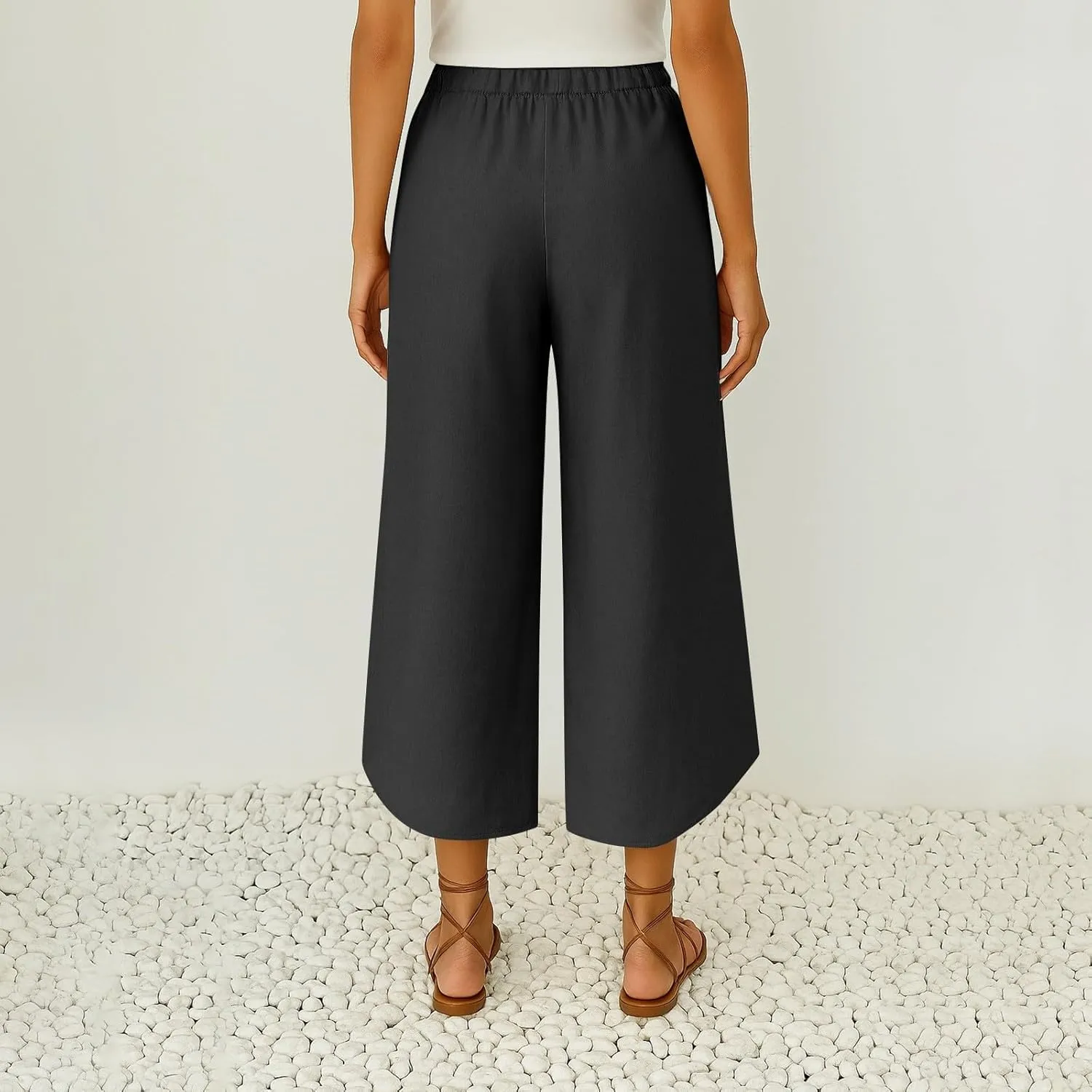 Cropped Linen Pants Women Cute Summer Comfy Loose Drawstring Elastic High Waisted Wide Leg Lounge Pants with Pockets