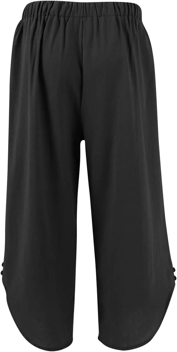 Cropped Linen Pants Women Cute Summer Comfy Loose Drawstring Elastic High Waisted Wide Leg Lounge Pants with Pockets