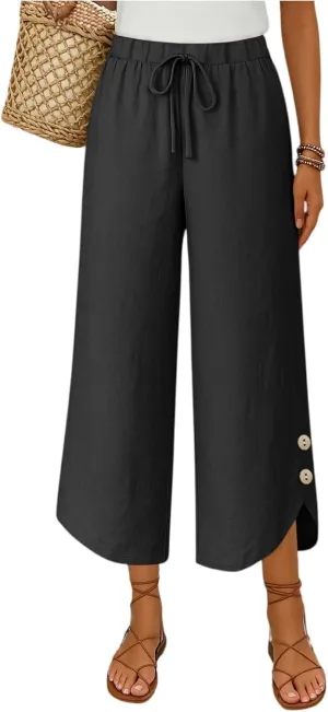 Cropped Linen Pants Women Cute Summer Comfy Loose Drawstring Elastic High Waisted Wide Leg Lounge Pants with Pockets