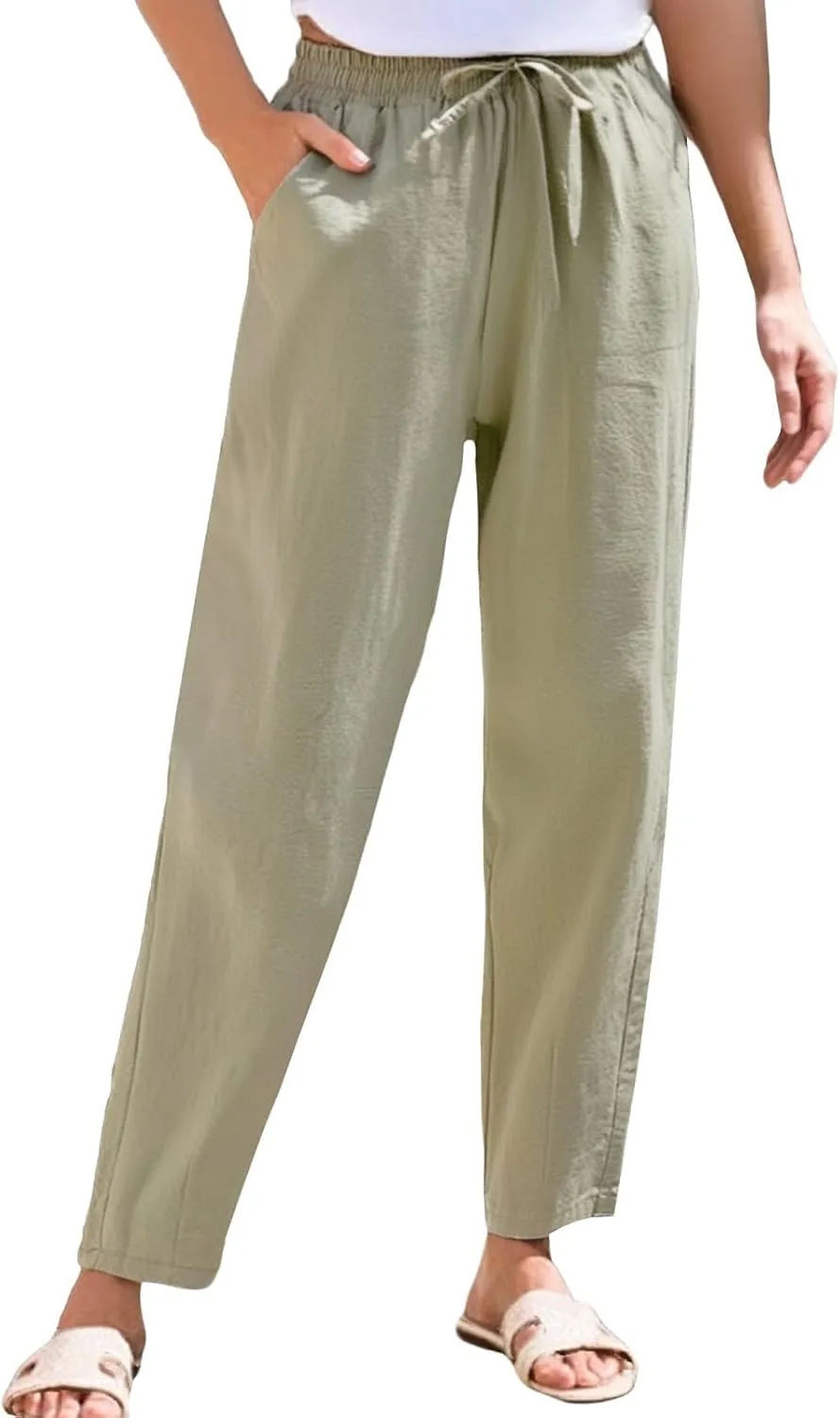 Cropped Linen Pants Women Elastic Waist Straight Leg Ankle Pants Lightweight Comfy Trousers 2025 Summer Beach Outfits