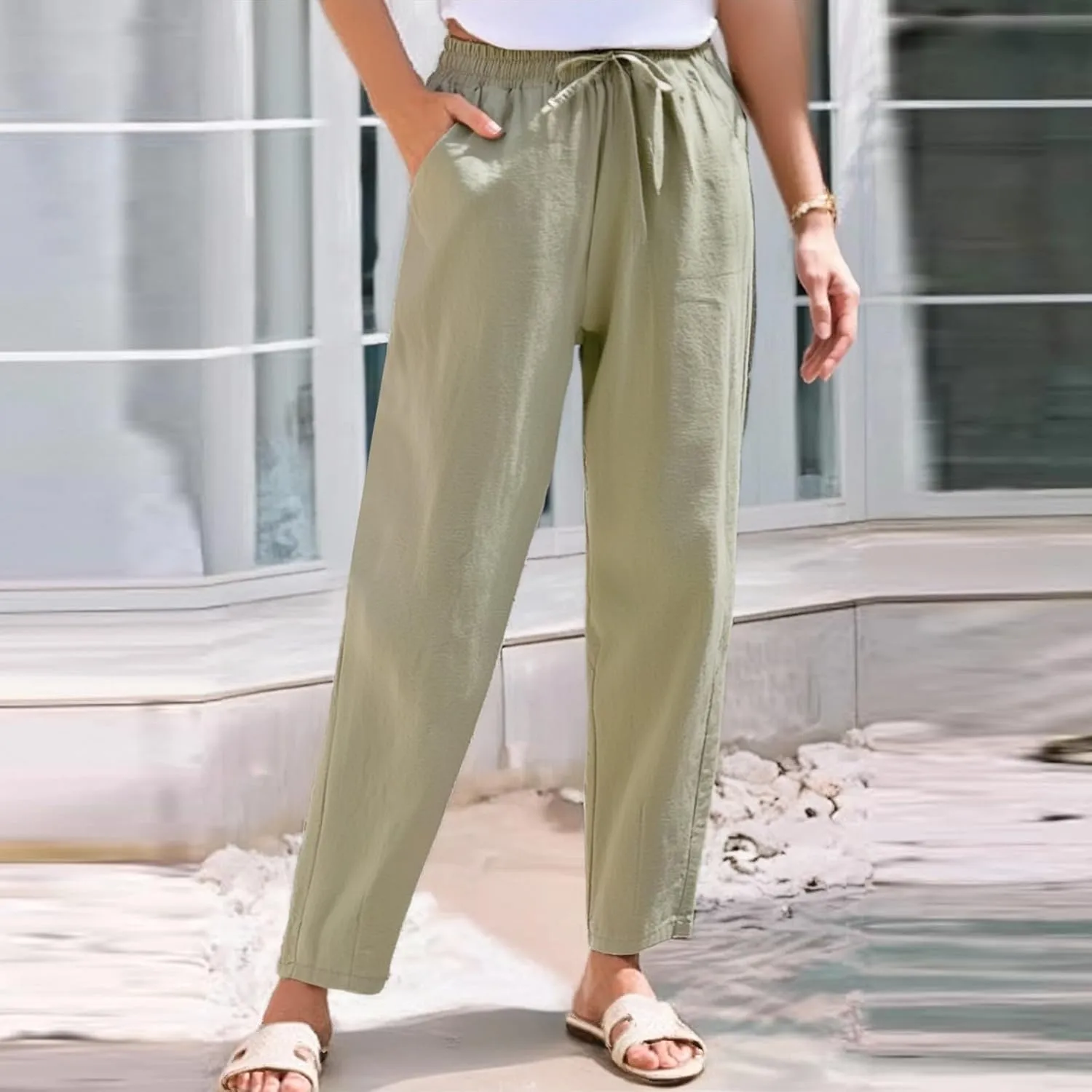 Cropped Linen Pants Women Elastic Waist Straight Leg Ankle Pants Lightweight Comfy Trousers 2025 Summer Beach Outfits