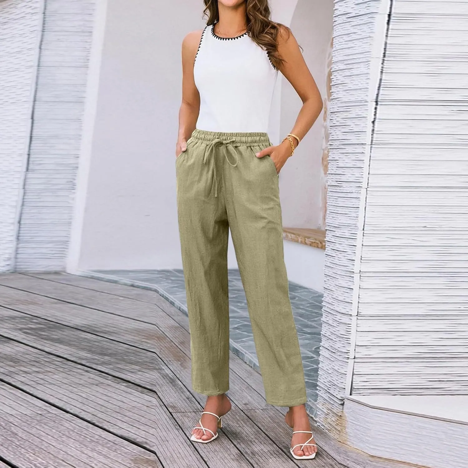 Cropped Linen Pants Women Elastic Waist Straight Leg Ankle Pants Lightweight Comfy Trousers 2025 Summer Beach Outfits