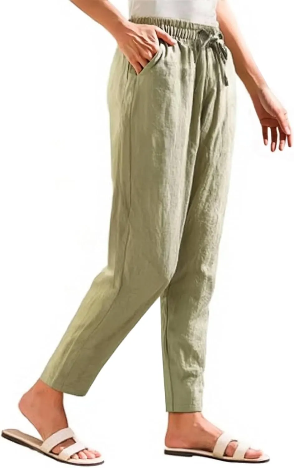 Cropped Linen Pants Women Elastic Waist Straight Leg Ankle Pants Lightweight Comfy Trousers 2025 Summer Beach Outfits