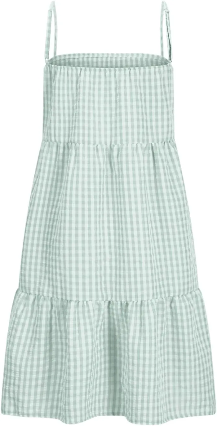 Cute Gingham Mini Cami Dress for Women Casual Spaghetti Strap Ruffle Hem A-Line Dress Summer Beach Vacation Sundress