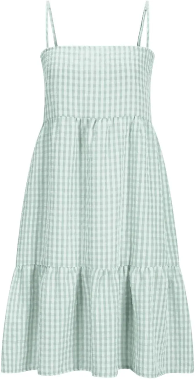 Cute Gingham Mini Cami Dress for Women Casual Spaghetti Strap Ruffle Hem A-Line Dress Summer Beach Vacation Sundress