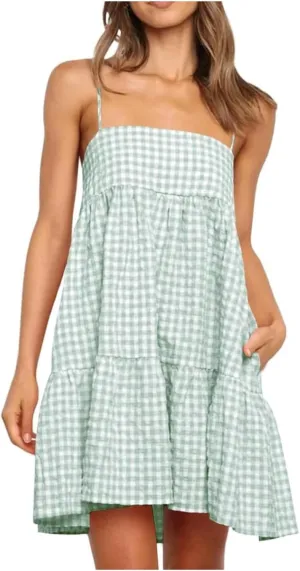 Cute Gingham Mini Cami Dress for Women Casual Spaghetti Strap Ruffle Hem A-Line Dress Summer Beach Vacation Sundress