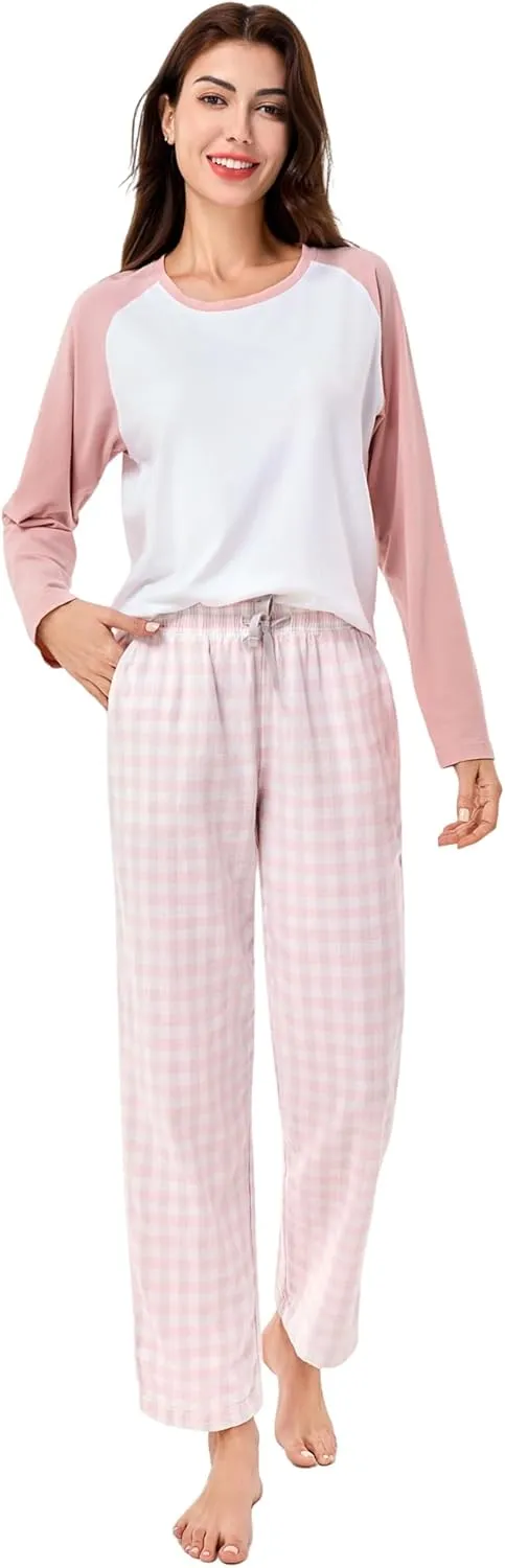 DAVID ARCHY 2 Piece 100% Cotton Pajamas Womens PJS Sets Long Sleeve and Plaid Pants Sleep Wear Set for Women Loungewear