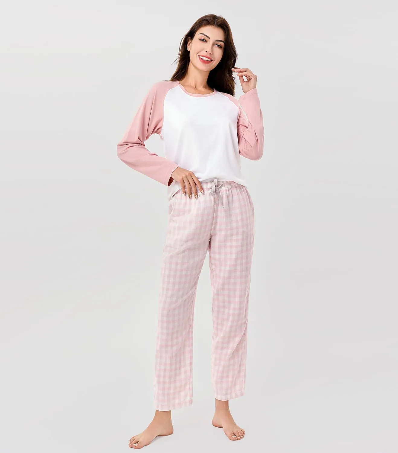 DAVID ARCHY 2 Piece 100% Cotton Pajamas Womens PJS Sets Long Sleeve and Plaid Pants Sleep Wear Set for Women Loungewear