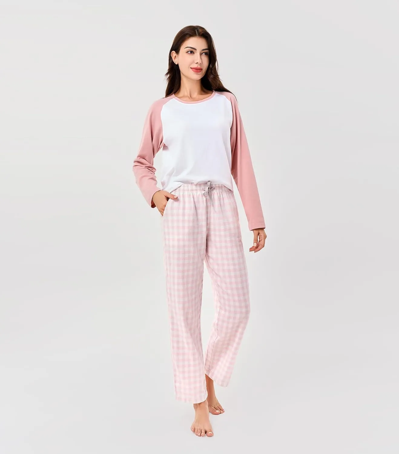 DAVID ARCHY 2 Piece 100% Cotton Pajamas Womens PJS Sets Long Sleeve and Plaid Pants Sleep Wear Set for Women Loungewear