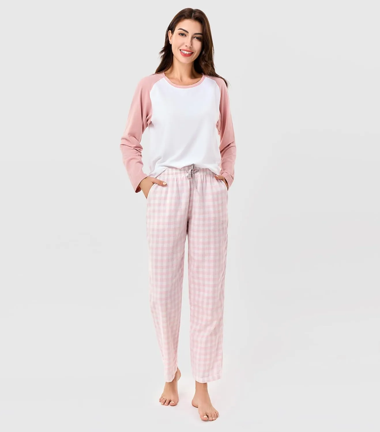 DAVID ARCHY 2 Piece 100% Cotton Pajamas Womens PJS Sets Long Sleeve and Plaid Pants Sleep Wear Set for Women Loungewear