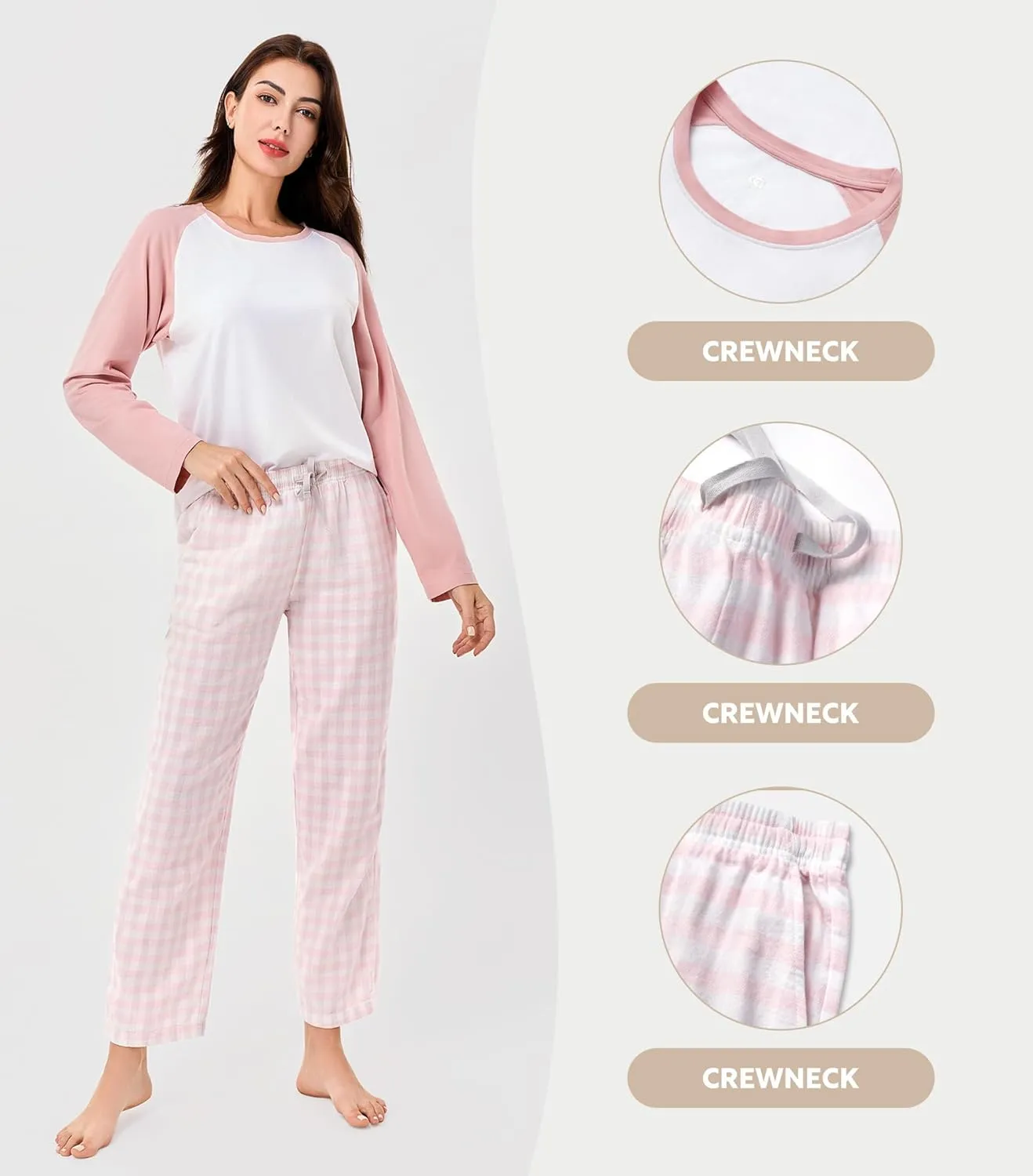 DAVID ARCHY 2 Piece 100% Cotton Pajamas Womens PJS Sets Long Sleeve and Plaid Pants Sleep Wear Set for Women Loungewear