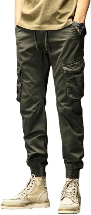 Depslee Men's Casual Cotton Relaxed Straight Cargo Pants,Multi-Pocket Light Outdoor Beam Foot Harem Pants with Drawstring